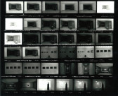 Contact sheet of installation images showing sculptures and other artworks in a 6 x 6 grid.
