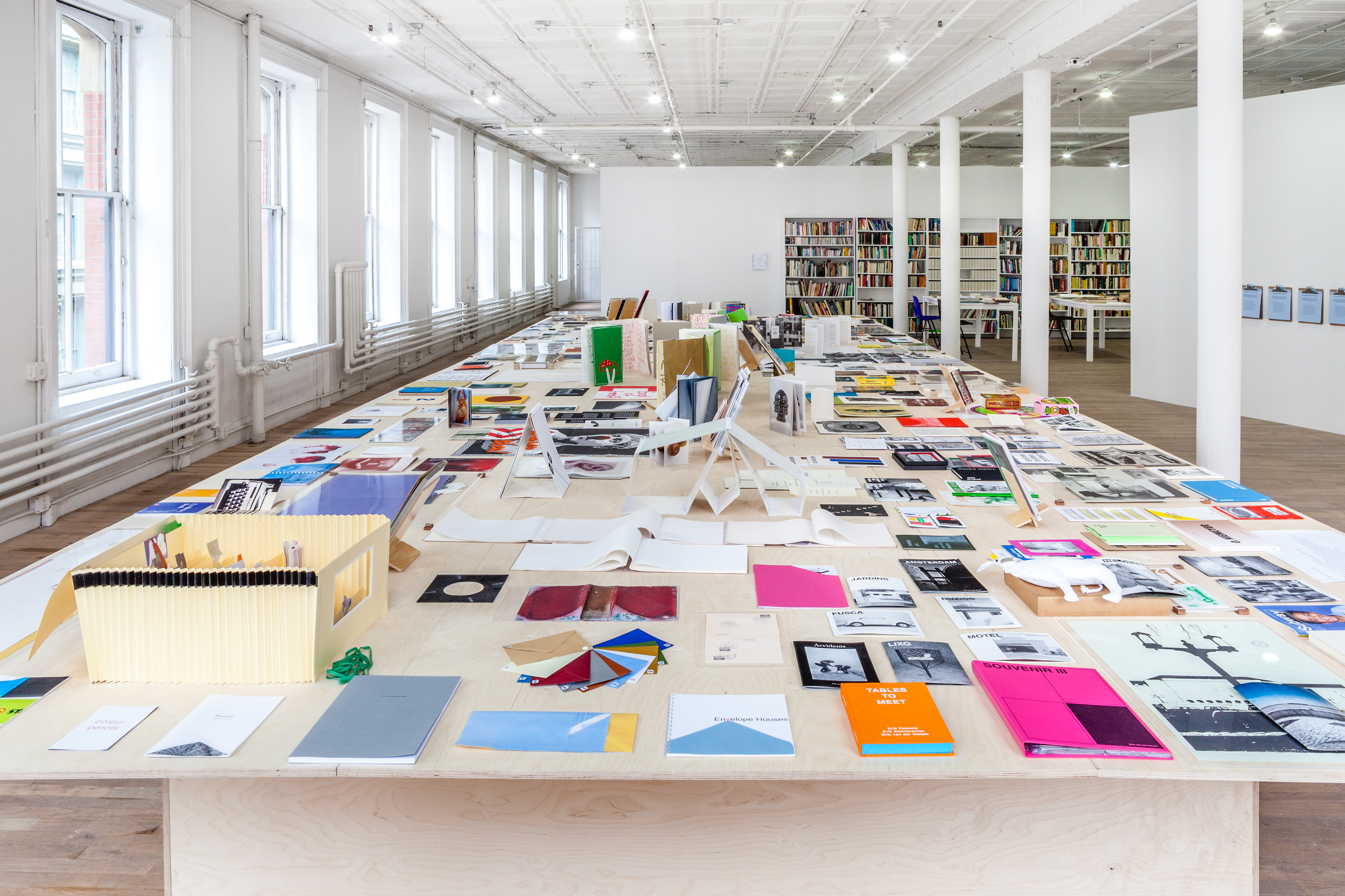 An angled view of table's length, on which are various organized documents, books, and papers displaying images and text. In the background are bookshelves and tables.