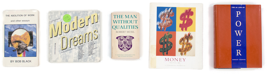 Five book covers on a transparent background next to eachother in a line. From left to right the titles read, 