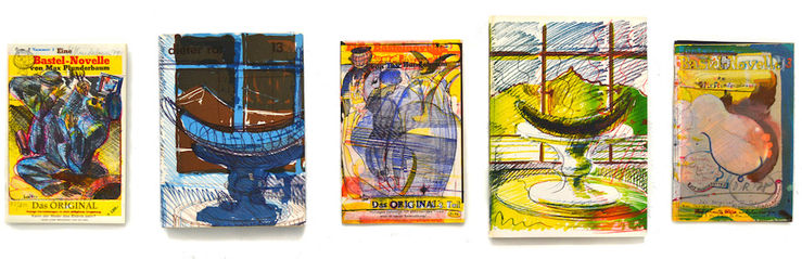 Fibe book covers displayed in a line against a white background. Each one has been illustrated over with various colos of marker and pen.