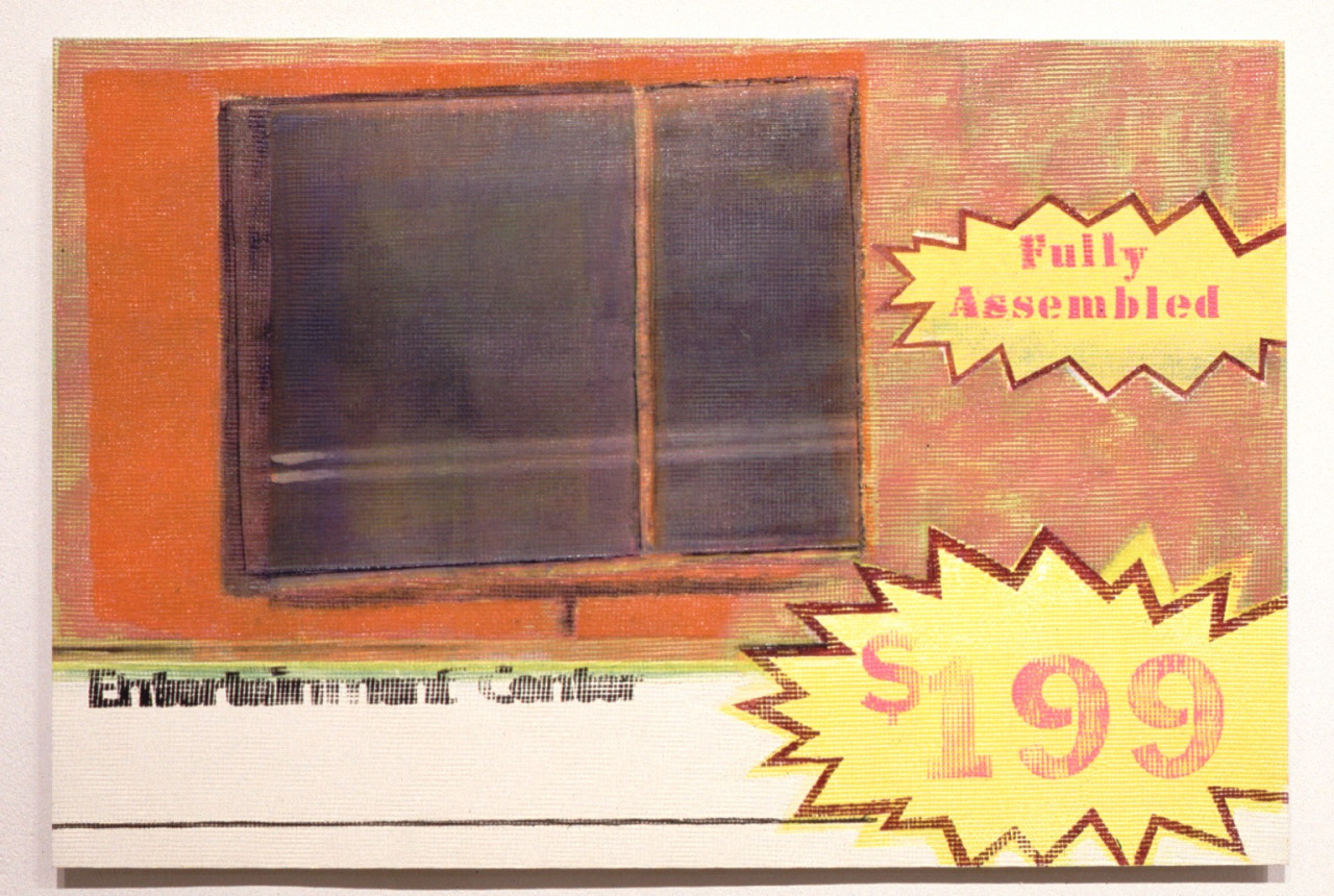 A painting of a black, rectangular object on an orange backdrop. Below is text in black reading "ENTERTAINMENT CENTER." Red text on a yellow background in zigzagged circles reads "Fully Assembled" and "$199."