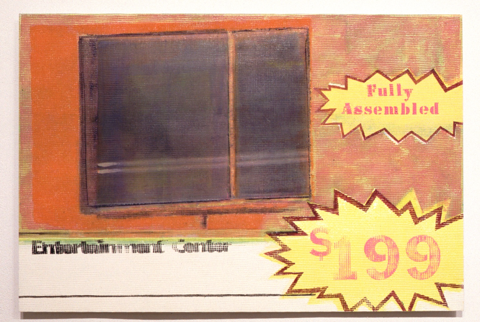 A painting of a black, rectangular object on an orange backdrop. Below is text in black reading 