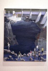 A painting of the basin of a dam. The water is surrounded by rock formations, with people standing scattered around on rocks.
