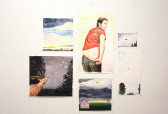Six watercolor paintings affixed to a white wall with pins. The paintings are various sizes, five depicting the sky and landscapes at various times of day. In the center, a man is depicted facing backwards, pulling down his pants to expose a tattoo of a triangle.