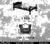 A black and white postcard with an image of a bed with a mountain in the middle of it and a dilapidated chair with the back hollowed out. Text underneath the images reads, 