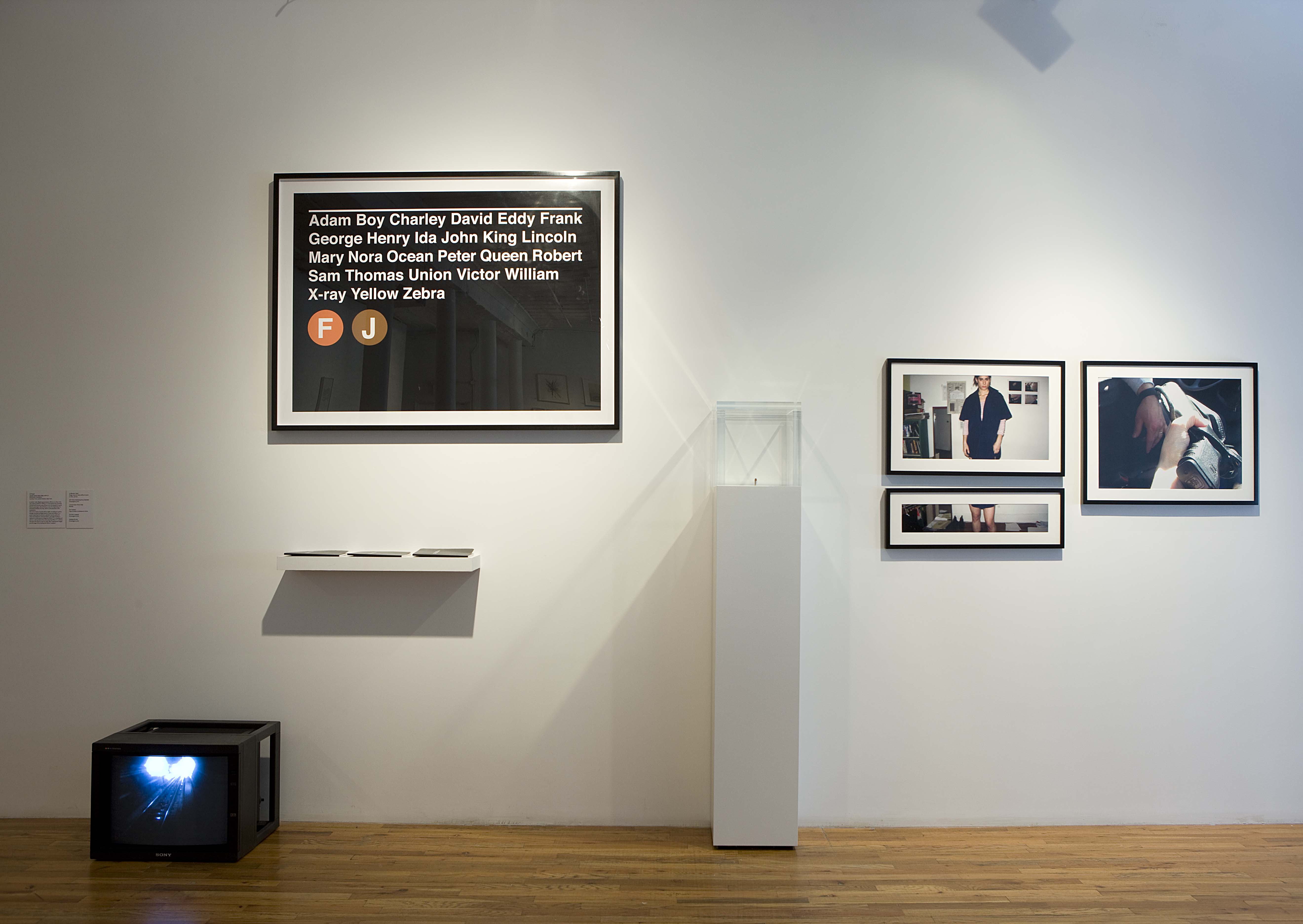 A white gallery wall with several components. On the floor, there is a television with a cracked screen. Above that, a protruding shelf holds several booklets. There is a framed image with white text written on a black background, in the style of subway text, with the F and J train symbols below. Next to that, there is a standing white plinth with a glass covered top, housing a single tiny object. On the far righthand side, there are three framed photographs. One is a single image of a person wearing a blue shirt divided into two frames, and the other a hand holding out a holstered gun.