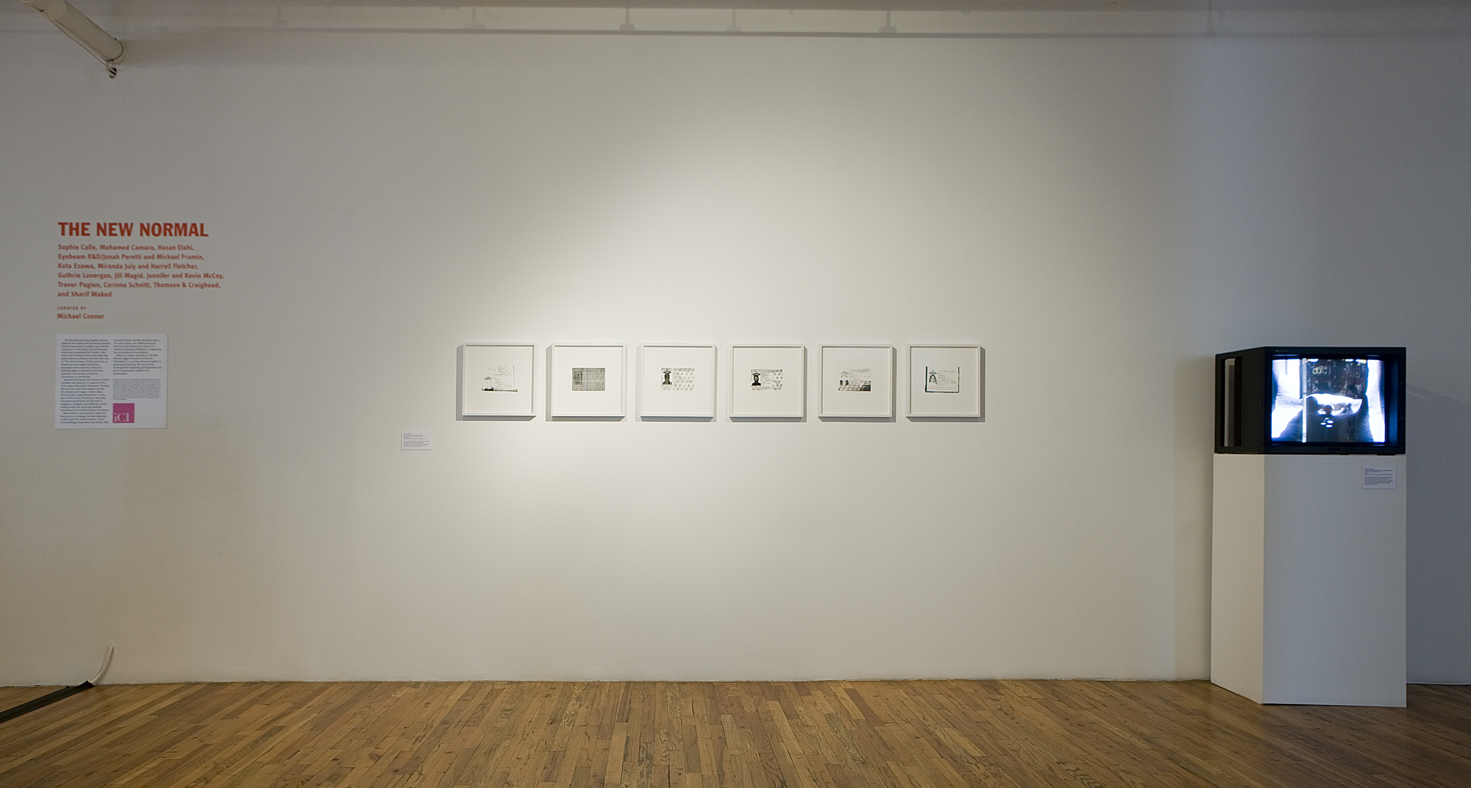 A gallery wall with six framed images of passport copies. On the right side of the images, a television stands on a white plinth, showing a black and white image. On the left side, wall text lists the exhibition title and artists.