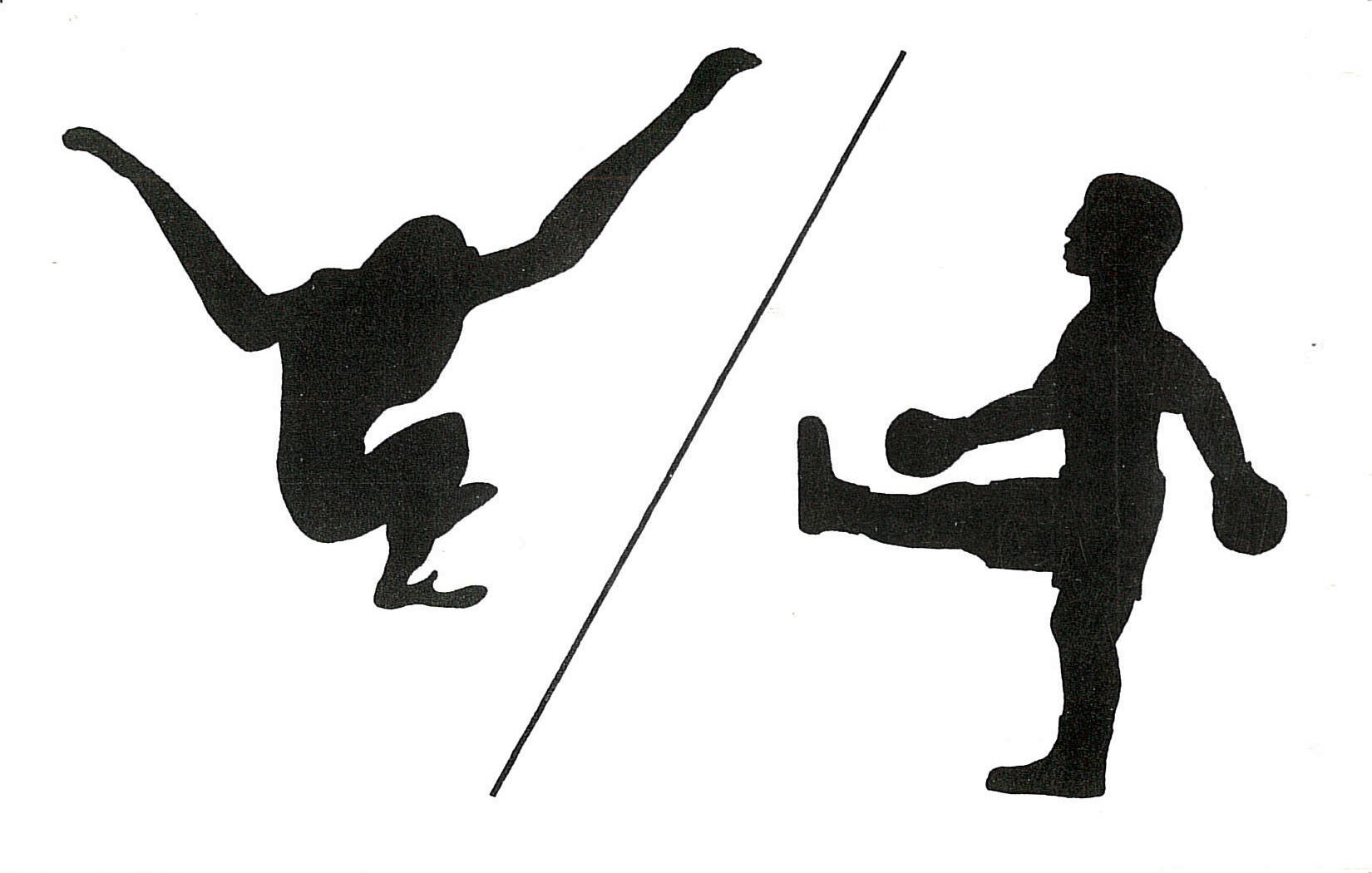 Two figures are in silhouette on a white background, separated by a black diagonal line. The figure on the left appears to be crouching, while the figure on the right is standing with one leg raised.