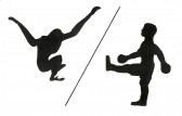 Two figures are in silhouette on a white background, separated by a black diagonal line. The figure on the left appears to be crouching, while the figure on the right is standing with one leg raised.