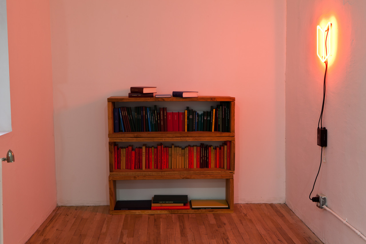 A three-shelf, wooden bookshelf sits in a small enclave in a white-walled room. Various multicolored books fill the shelves and additional books rest on top of the bookshelf. Installed on the wall directly to the right of the shelf is a glowing, red neon tube that gently illuminates the room.
