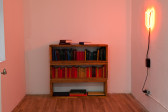 A three-shelf, wooden bookshelf sits in a small enclave in a white-walled room. Various multicolored books fill the shelves and additional books rest on top of the bookshelf. Installed on the wall directly to the right of the shelf is a glowing, red neon tube that gently illuminates the room.
