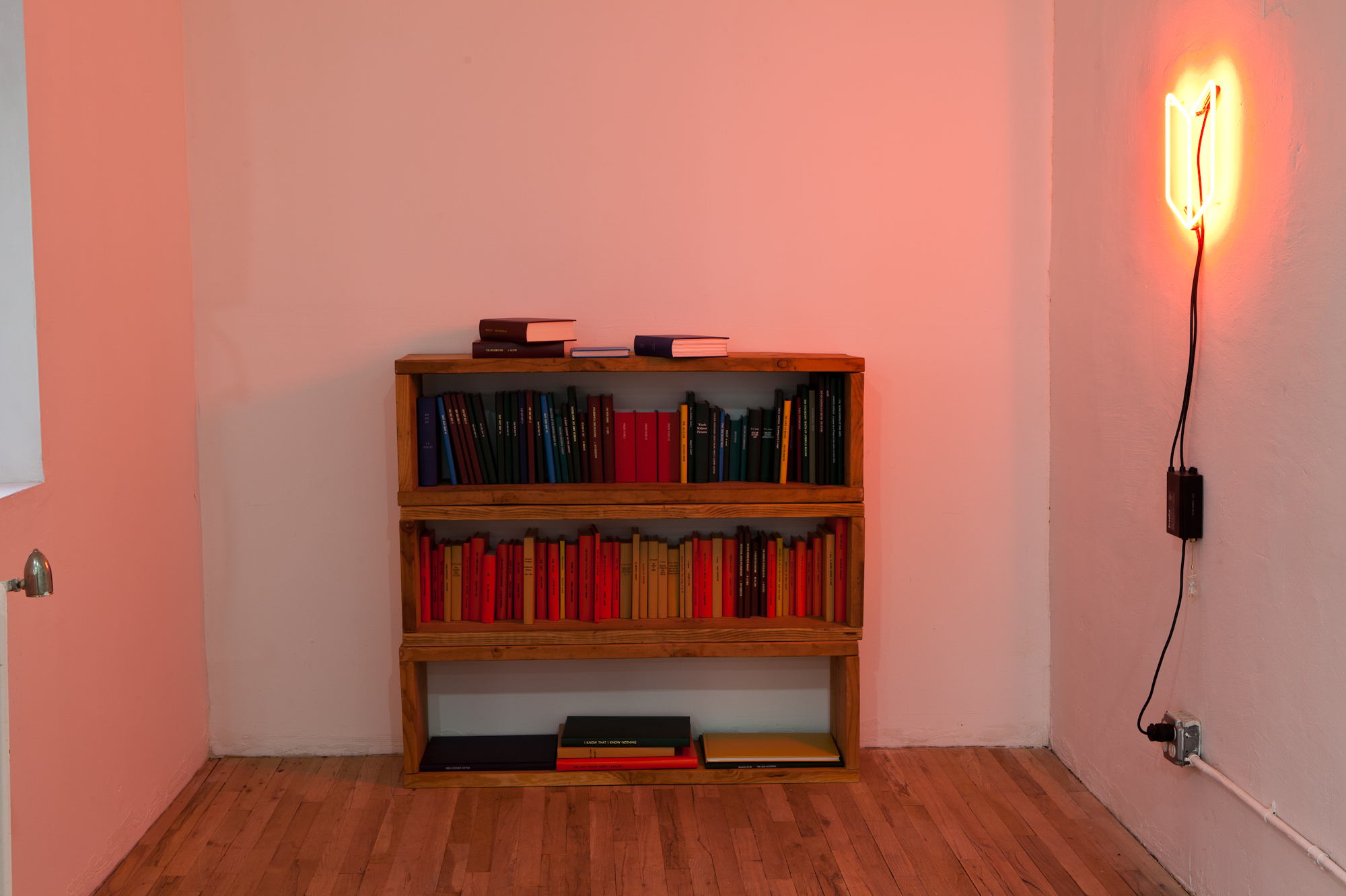 A three-shelf, wooden bookshelf sits in a small enclave in a white-walled room. Various multicolored books fill the shelves and additional books rest on top of the bookshelf. Installed on the wall directly to the right of the shelf is a glowing, red neon tube that gently illuminates the room.