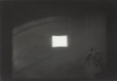 Black-and-white photograph of a projected image of shadows against a wall. In the center of the wall a bright light shines through a rectangular cut-out.