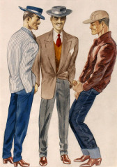 An illustration including two men, wearing blazers and dress hats, gazing downwards next to another man. This man, dressed in dungarees and a baseball cap, is holding his penis.