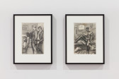 Two illustrations framed on a wall. On the left, two men, dressed in suits, engage in intercource behind a women sat in a chair. On the right, a half naked man sits on a bench in a cell above a man licking his leg, and an exposed butt that is plugged.