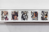A book case displaying 5 paper collages of men's portraits.