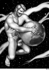 Drawing of a muscular man with a combover and handlebar mustache, grappling the Earth and grinning as he inserts his penis into the planet.