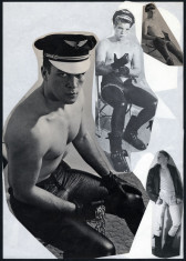 A collage of four half-naked men dressed in a pilots hat arranged on paper.