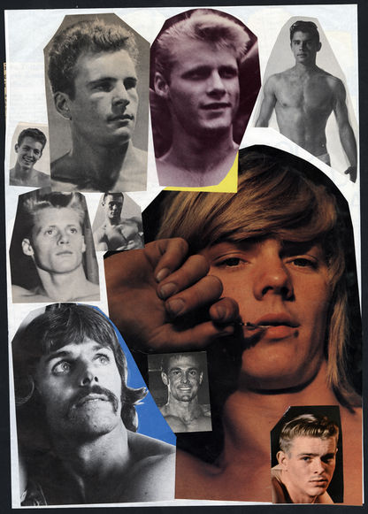 Several portraits of men in various shapes, sizes, and colors, layered on top of eachother.