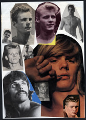 Several portraits of men in various shapes, sizes, and colors, layered on top of eachother.