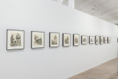A wall of pornographic illustrations displayed in frames at eye level.