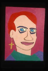 A painting of a person with red hair, cross-shaped earings, and black paint under their eyes.