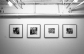 A black and white photograph of four framed mixed media collages installed on a gallery wall with light shining on them from above.