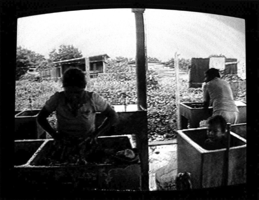 One figure stands in a small square construction waist high and a nearby child stands inside another square construction with their head peeking out at the other figure. A figure stands behind them by a washbasin with clothes hanging from a clothesline in front of them. Bushes and trees appear behind them along with another edifice in the background. Video scan lines and black edges of CRT monitor are visible.