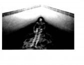 A nude figure is seen sitting in a pool of water in the corner with ceramic tile wall paneling behind them. Sharp lighting accentuates the top half of the image where the face of the figure is, staring into the camera.