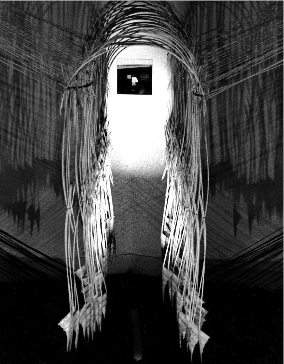 A spotlight shines on a photograph hanging on a white wall framed by string and electrical wire hanging around it and falling to the black floor underneath.