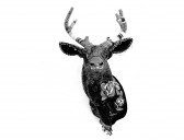 A moose head with antlers is designed with a decorative flower pattern with a white background.