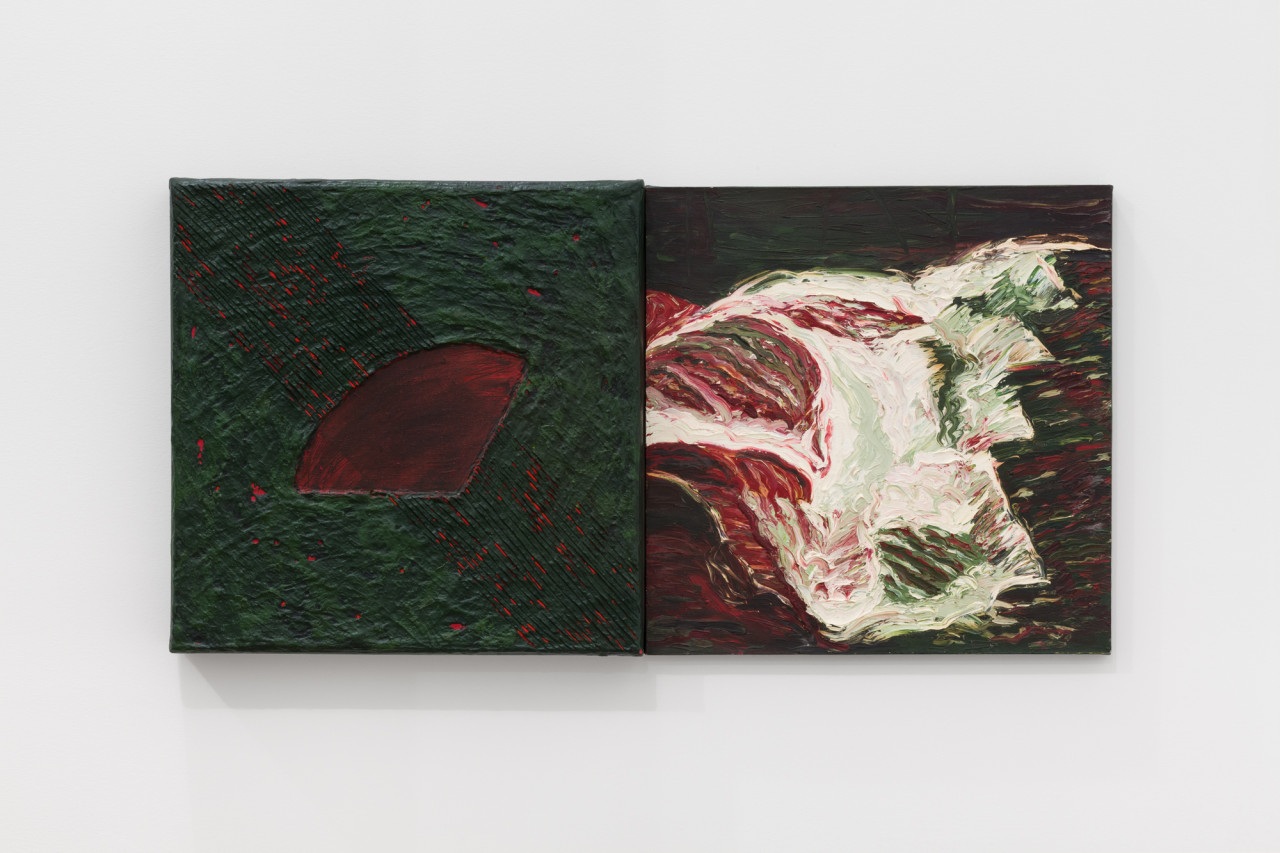 Two square paintings adjacent to eachother.