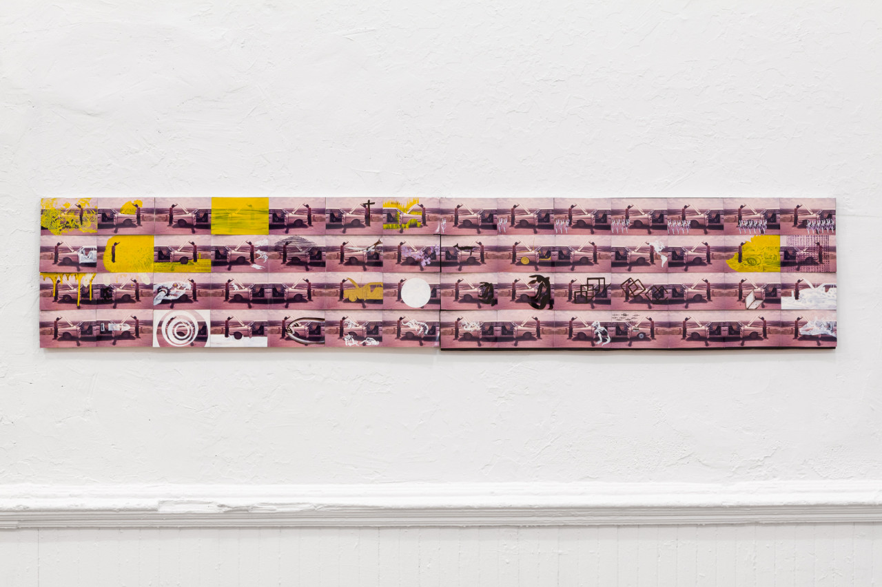 A photocollage of the same image, a man opening a car hood, repeated 14 x 4 times includes has been altered with white, yellow, and black paint in individual photographs. These include scenes such as fire, melting, and the addition of new characters.