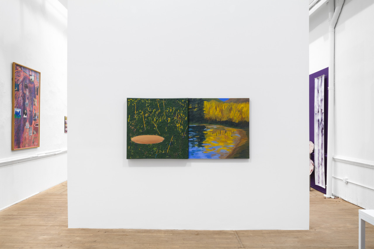 A green, blue, and yellow abstract landscape painting hangs on a white wall. A purple buffalo painting is hanging on the wall to the left. To the right, a tall paper is pinned into a purple section of wall.
