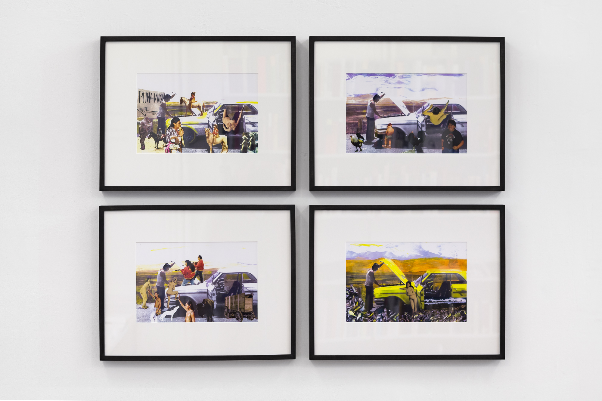 Four collages, framed in a grid on a wall. Each collage features the same backdrop of a man stopped in the middle of the road opening the hood a car, the drivers seat door opened. Each collage features a different colored filter, arranged with images of various Indigenous people on reservations, European historical paintings, animals, gags, signs, objects, and detritus.