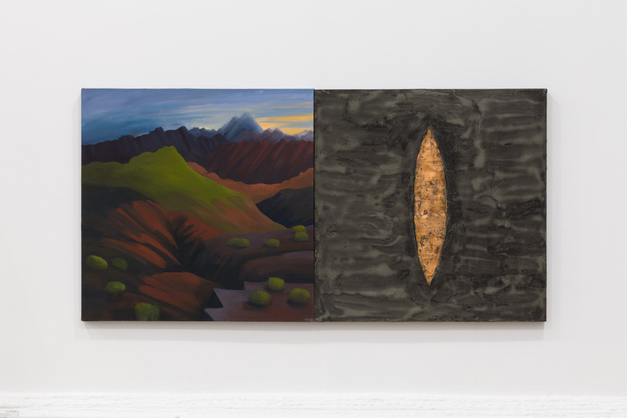 Two square paintings adjacent to each other, the left one depicting a lush mountain view in hues of burgundy, green, and blue, and the right one depicting a vertical slit in the ground, slightly parted, revealing a light brown interior crust surrounded by a dark, rippled exterior.