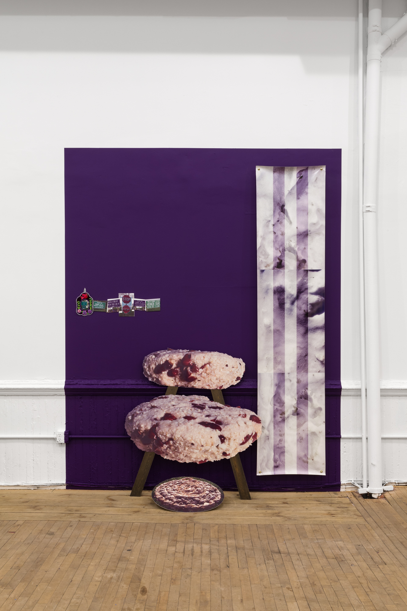 A purple square on a white wall with various photographic media displayed.