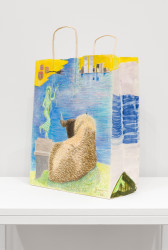 A handled paper bag, placed at an angle, with detailed illustrations along the sides. The front image depicts a goat sitting on grass with its back turned to the viewer, facing a dancing Statue of Liberty against a blue background. In the right corner is a small drawing of the twin towers against a yellow background, and in the right corner is a small drawing of three small cylinders with smoke emanating from one. The side panel has paintlerly blue  stokes in the middle, and a small green triangular tent at the bottom.