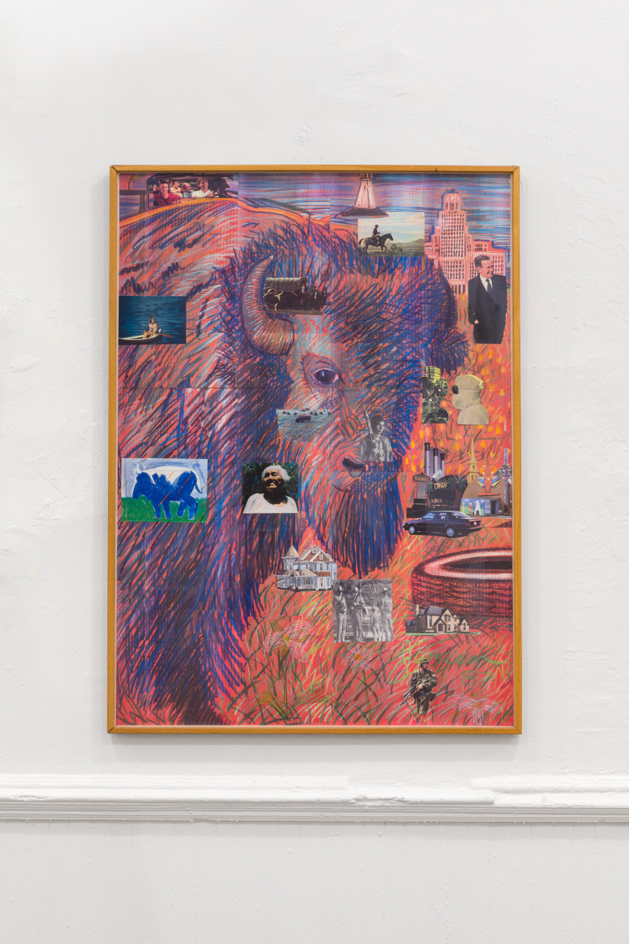 A portrait of a purple buffalo photocollaged with of images including objects and people.