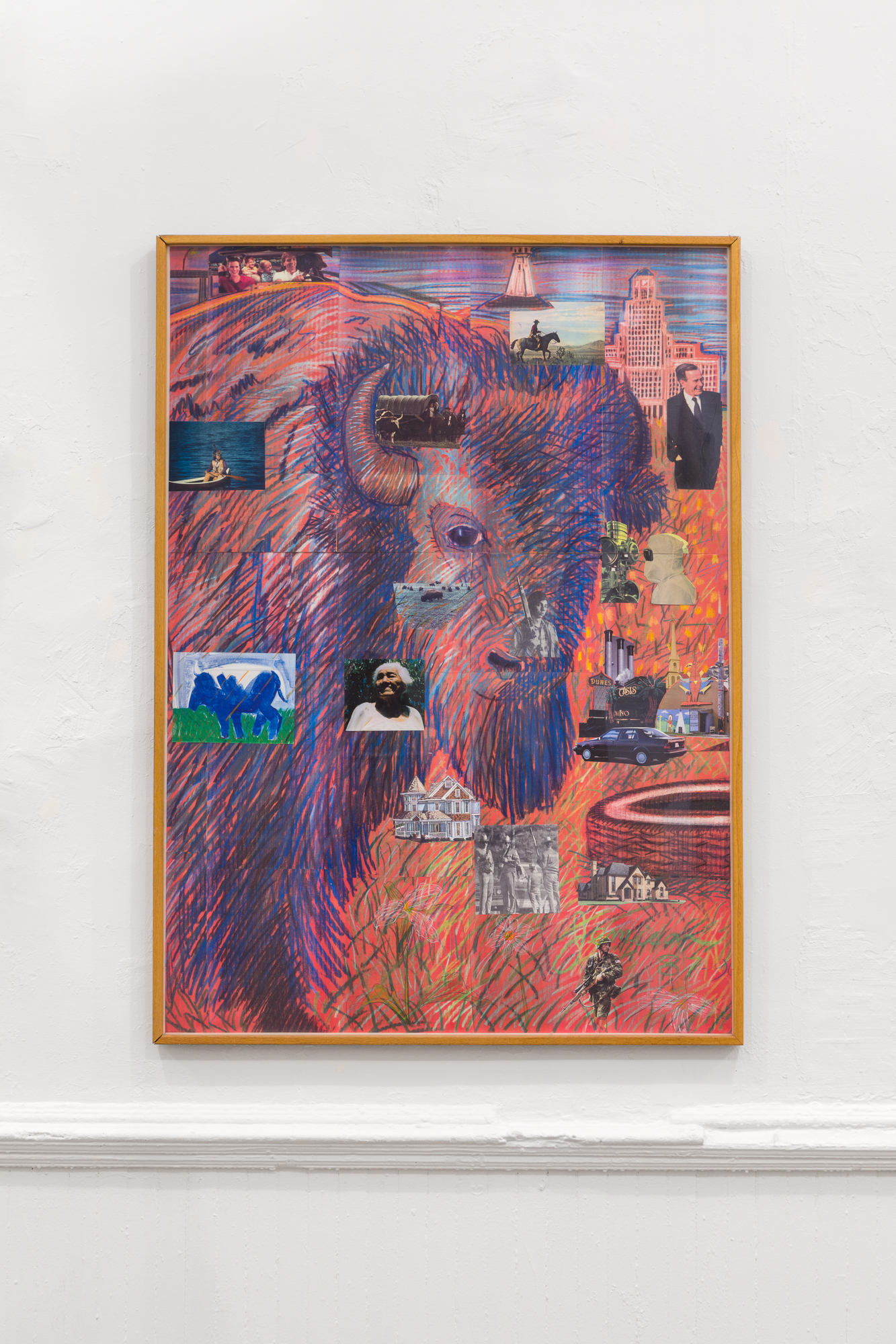 A portrait of a purple buffalo photocollaged with of images including objects and people.
