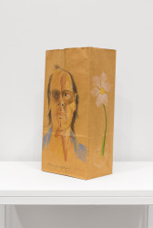 A brown paper bag, opened and placed at an angle, with colored pencil illustrations of a balding man wearing sunglasses and a blue collared shirt, face slightly covered by a translucent red figurative silhouette, and along the other side of the bag, a white daisy with a long green stem.