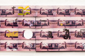 A detail shot of a larger photo collage work featuring 20 identical images in a grid that have been altered with black, yellow, or white paint to vary the scene presented of a man opening up the hood of a car.