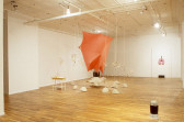 Two sculptures installed in a gallery space with wooden flooring. A large sculpture consisting of a suspended, orange tarp pulled in different directions by various wires sits in the cetner of the room. Small, tan mounds and a white side table are arranged around the orange tarp. On the gallery wall behind the large sculpture hangs a smaller sculpture that resembles a set of pink lungs.