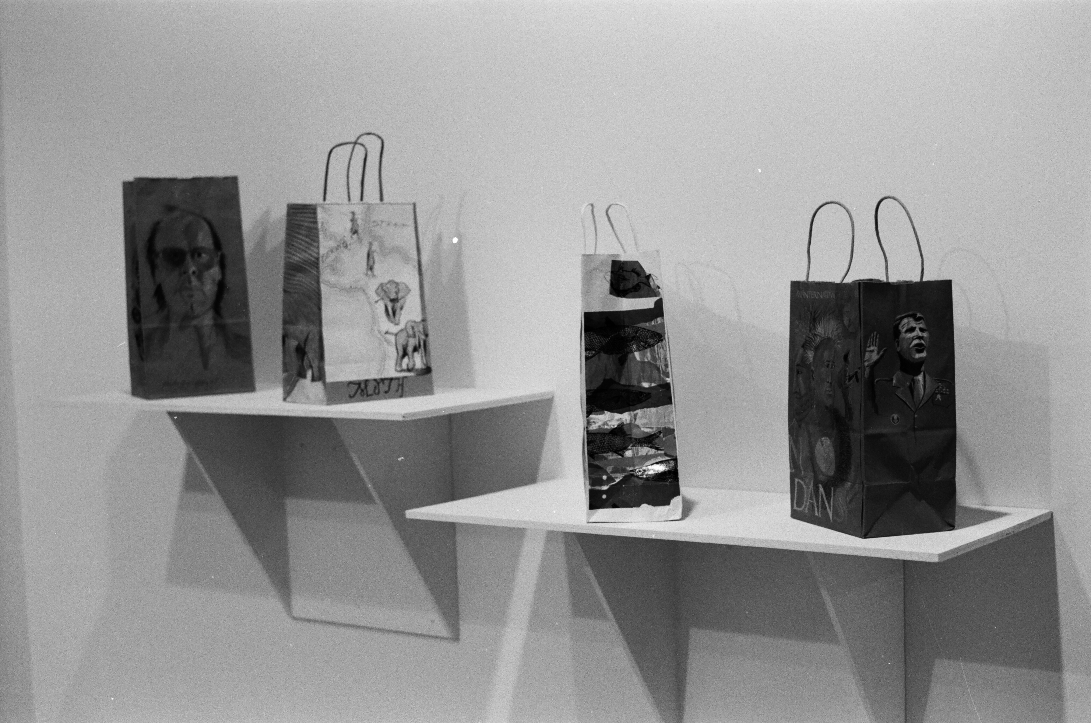 Four upright bags with images on them sit on two different leveled shelves on a white gallery wall.