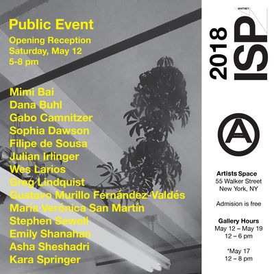 An exhibition flyer featuring an image of a small fig tree growing in an interior space. Yellow text superimposed over the image lists the participating artists as well as dates for the opening event and gallery hours.