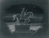 A white drawing on a black background showing a sculpture of a man on a horse on top of a pedestal.