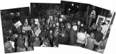 Four overlapping photographs show a panorama of a crowd outside Artists Space at night.  One group int he foreground files into the gallery through its double doors, while others on the sidewalk hold protest signs.
