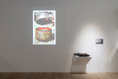 Color photograph of a gallery wall. A video is projected onto it. Next to the projection is a shelf holding an audio device consisting of a machine, speakers, and light sensors. A black-and-white photograph also hangs on the wall.