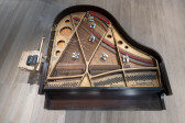 Color photograph of a piano from above. Six solenoids are placed along the piano's strings, and are attached by wires to a device placed on a chair next to the piano.