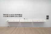 Color photograph of a white gallery wall with three vitrines containing musical scores built into the wall. On top of the vitrine is a manipulated flute, and a series of black-and-white images. Two black-and-white photographs are hung to the right of the vitrine.
